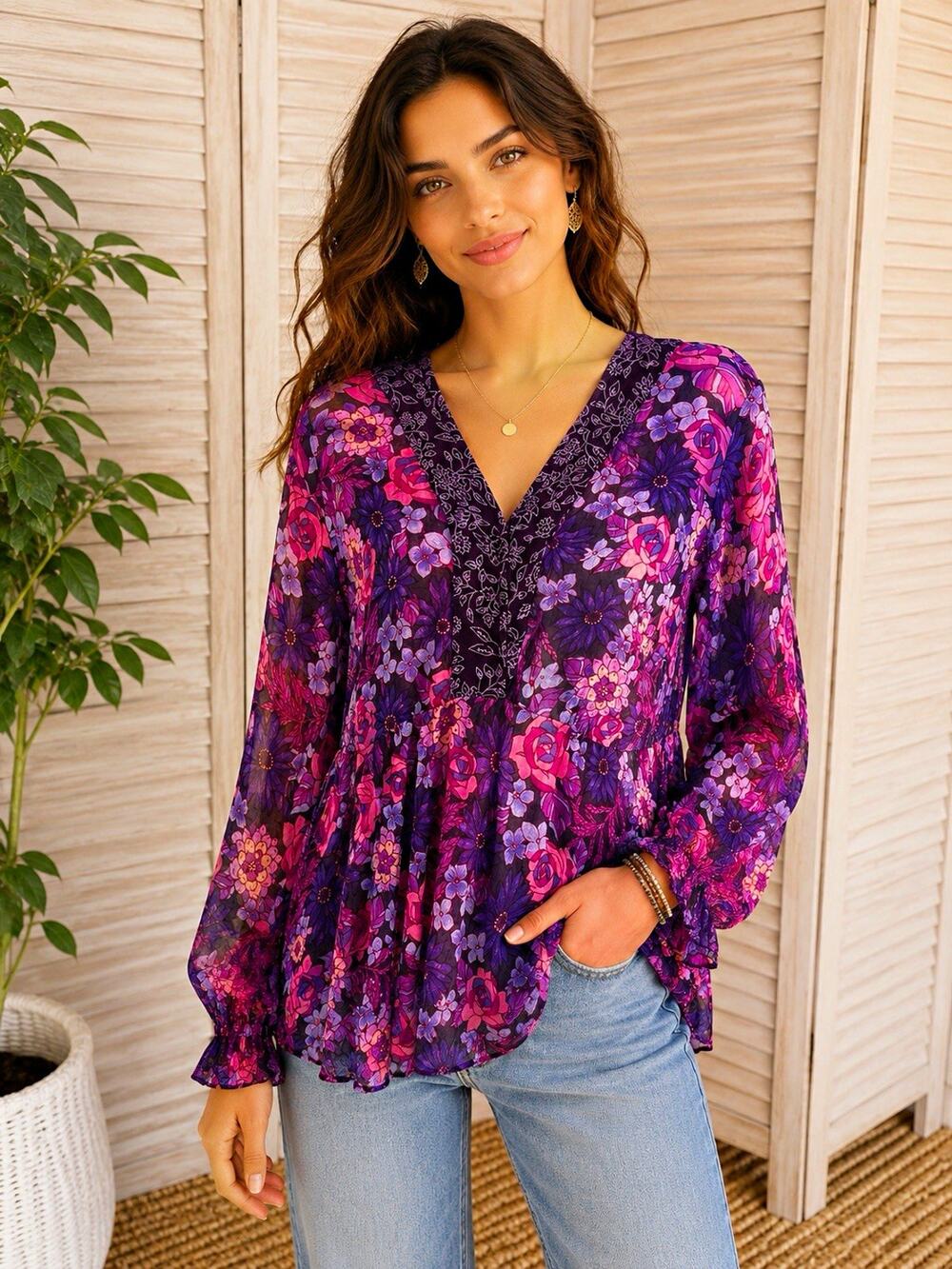 Millenium Purple Pink Floral Sheer Chiffon V-Neck 3/4 Sleeve Rayon Blouse